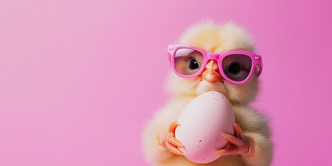 Cute chick with pink sunglasses holding a pastel egg