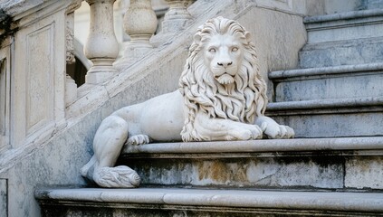Ornate stone lion statue rests on aged stone steps