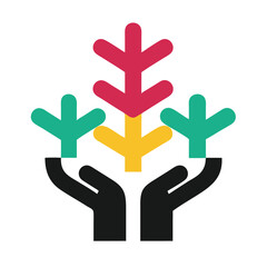 Two Hands Gently Holding Three Stylized Plants Crimson Yellow Teal Colors Friendship Concept