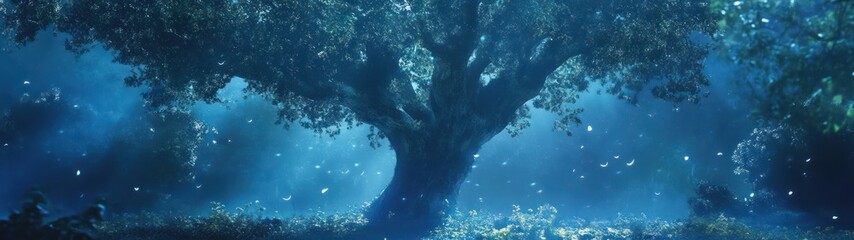 Mystical forest scene beneath a large tree.
