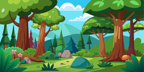 Bright Cartoon Woodland Adventure Scene Illustration