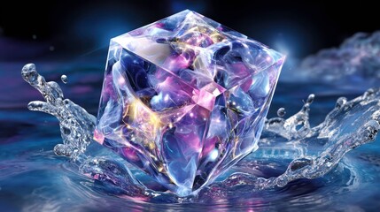 Obraz premium Abstract Crystal Cube in Water, 3D Render, Modern Design. Translucent object with light and water splash effect.