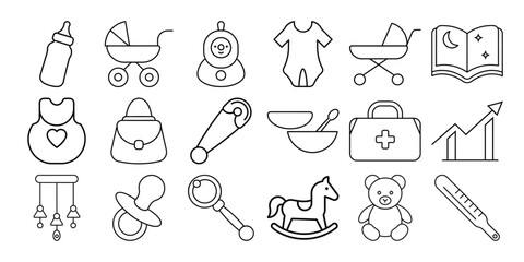 Collection of baby care icons line art isolated on white background