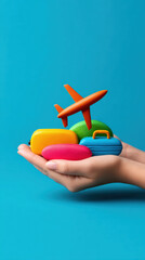 Travel booking hand floating icon luggage airplane colorful online Travel booking concept with colorful floating luggage and airplane icons hand