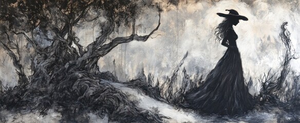 Mysterious Witch Figure Walking Path