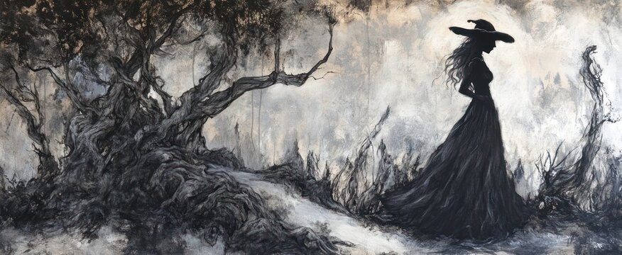 Mysterious witch figure walking a path through a dark, overgrown landscape.