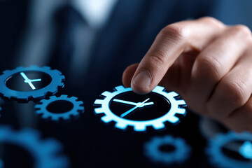 Businessman hand touching blue gear clock symbolizing time management, efficiency, productivity, and organization in business concept