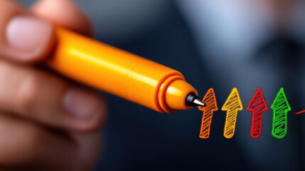 Hand holding orange pen drawing colorful upward arrows, symbolizing business growth, strategy, and positive progress in professional setting