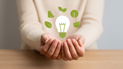 Hands holding glowing light bulb with green eco icons, symbolizing energy efficiency, sustainability, and environmental innovation