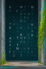 Teal Cipher on a Dark Wall in a Mysterious Passage