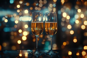 high definition picture of two glasses of champagne with glitter lights bokeh background