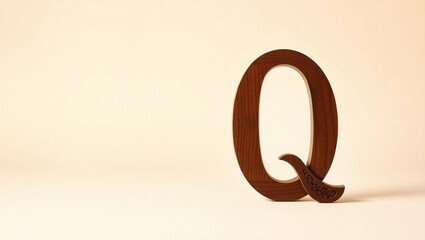 Capital Wooden Letter Q with Engraved Tail Made from Dark Pine – Rustic Artistic Alphabet Design on Minimalist Beige Background with Natural Texture and Clean Composition for Creative Mockup Use