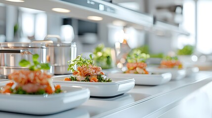 a row of white plates with food on them