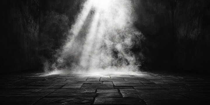 Smoky, dark interior with a spotlight