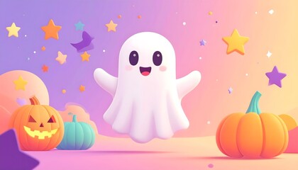 Fototapeta premium Adorable pastel Halloween vector featuring a smiling ghost playfully floating among pumpkins and sparkly stars. Soft flat design perfect for cute seasonal invites, kids decor, or spooky-sweet merch.