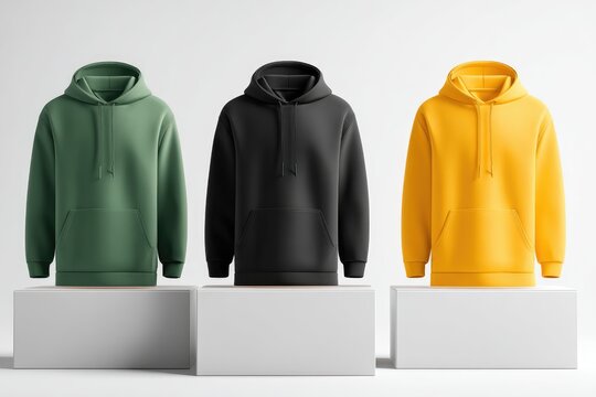 Three blank hooded sweatshirts displayed on podiums.