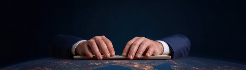 Businessman hands typing keyboard global market technology concept, digital world connection, innovation, night, professional, success