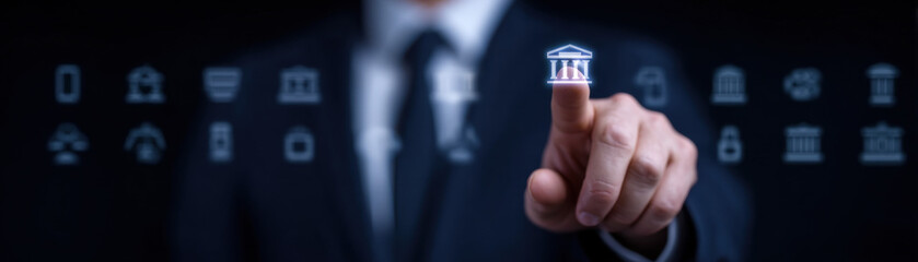 Businessman touching digital bank icon, financial technology, online banking, secure transaction, innovation concept