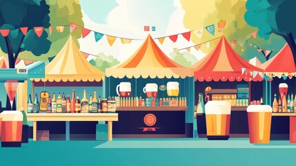 Obraz premium Festive beer festival scene with tents, drinks, and flags.