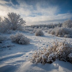 Describe the chill and silence of a snow-covered landscape just after snowfall