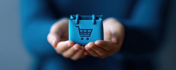 Hands holding blue shopping bag with cart icon, symbolizing online shopping, customer loyalty, and digital retail experience