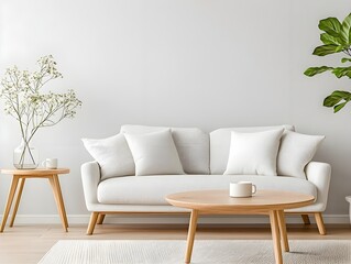 Modern Minimalist Living Room with White Couch and Wooden Coffee Table