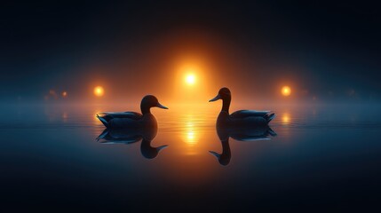 Two ducks reflect in a still lake at sunrise.
