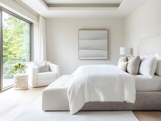 Fototapeta premium Modern Minimalist Bedroom with White Bed and Large Window
