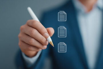 Businessman hand holding stylus with virtual contract document icon, digital signature, technology concept
