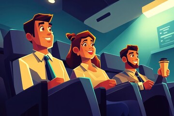 Happy colleagues watching movie in theater.