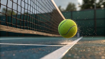 Tennis Ball Impacting Court Near Net with Water Spray in Motion