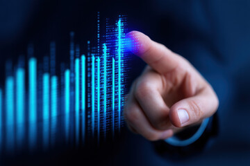 Business hand touching glowing digital bar chart, futuristic financial data analysis, market research, success concept
