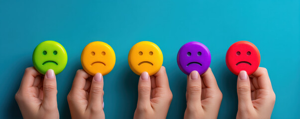 Unhappy face emoji hand colorful feedback rating sad expression emotion blue background negative review