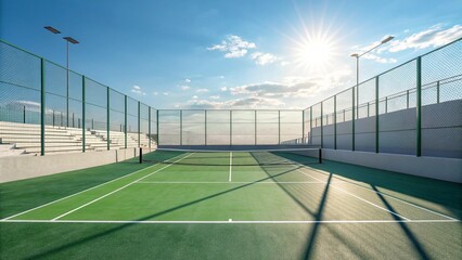 Outdoor Tennis Court on a Sunny Day with Stadium Seating Nearby