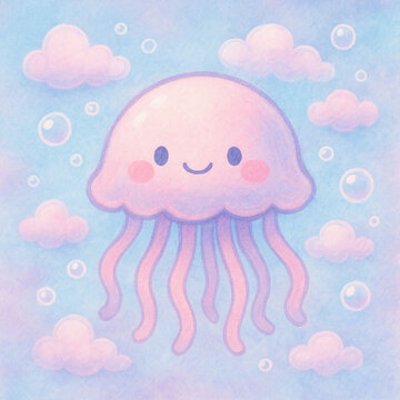 cute floating jellyfish in passtel watercolor style