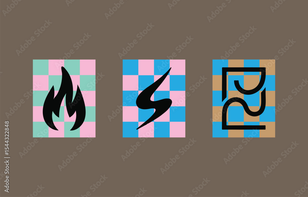 Poster abstract symbols on checkered background design elements