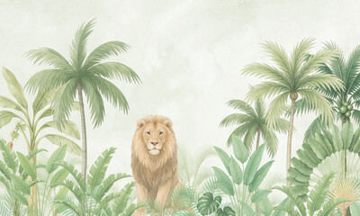 Green Jungle Wallpaper: Lion and Palm Trees Illustration for Kids Decor