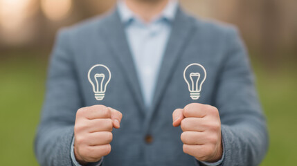 Businessman holding two light bulb icons, symbolizing innovation, creativity, and new ideas in entrepreneurship, outdoor setting