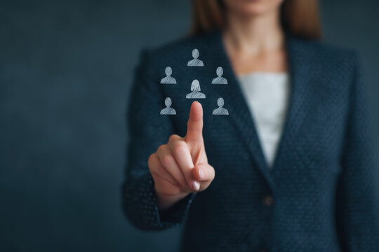 Businesswoman hand touching virtual hiring icon, recruitment, human resource, selection, professional, technology, confident