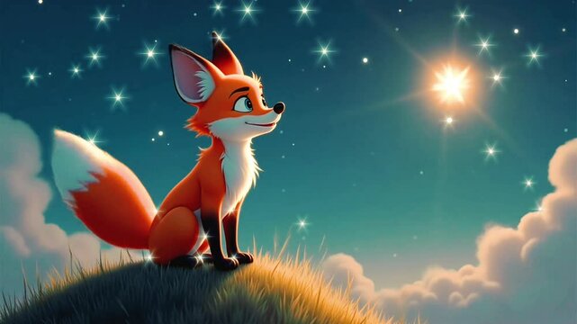 Fox Looking at Bright Star on Grassy Hill Under Night Sky