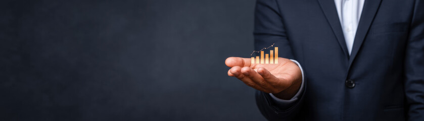Businessman hand holding glowing bar chart, financial growth, success, professional suit, dark background, optimistic, analytics