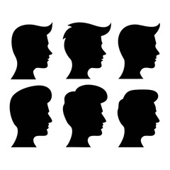 Silhouettes of Six Human Faces in Profile View with Distinct Hairstyles in Symmetrical Grid Composition