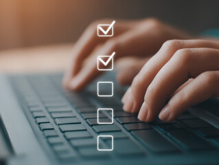 Hand typing on laptop keyboard with digital checklist icons, productivity and technology concept, focused and efficient mood
