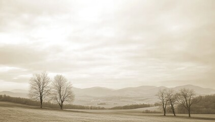 Sepia-toned landscape of a serene valley. Two bare trees stand sentinel over a gently rolling plain, with low mountains in the distance beneath a soft, overcast sky
