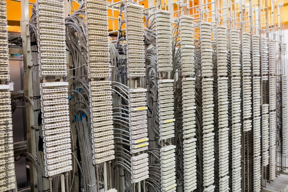 Aufkleber flat design illustration is showing telecommunication racks with terminal blocks and grey cables