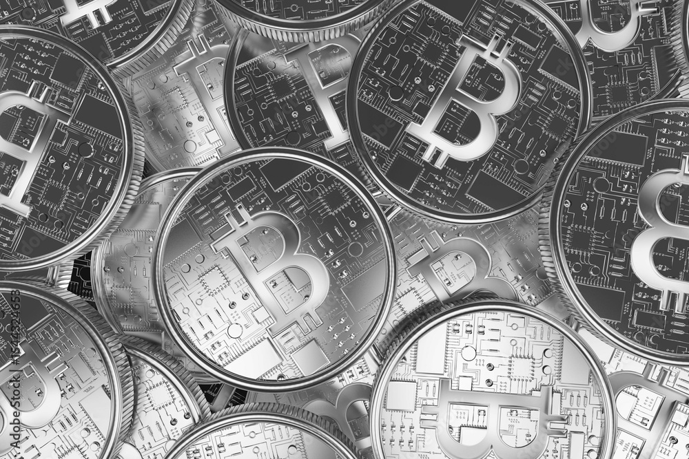 Aufkleber central metallic bitcoin coin is being shown in 3d render with layered circuit board engravings