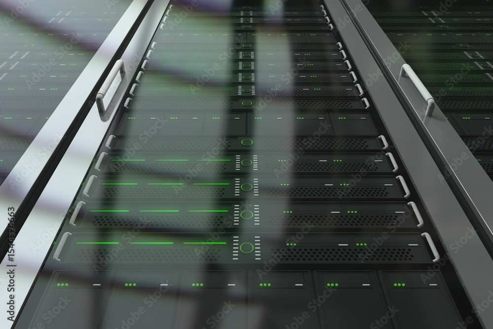 Poster central server rack array is gleaming with green led indicators in flat design data center layout