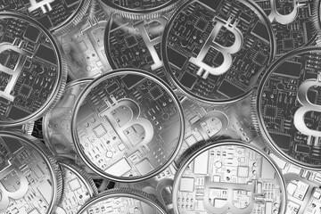Central metallic Bitcoin coin is being shown in 3D render with layered circuit board engravings