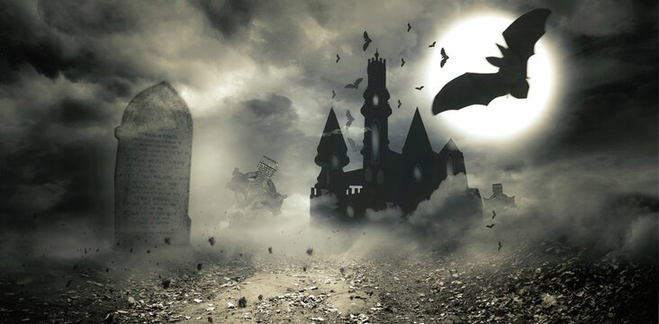 Graphic image of bats flying by castle