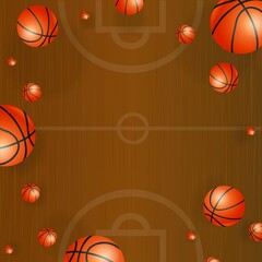 Square image of orange basketballs falling onto brown court, with central copy space